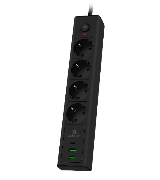 Сетевой фильтр Cablexpert Exnovo, EXN-4-CU2-B-2, 4р,16А, 1xType-C PD, 30Вт, 2хUSB, 2 м, ур. защиты 4+, черный, коробка