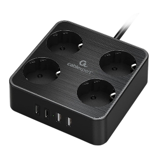 Сетевой фильтр Cablexpert Plate, PLT-4-C2U2-B-2, 4р, 10А, 2xType-C PD, 20Вт, 2xUSB, 2.4A, 2 м, ур. защиты 4+, черный, коробка
