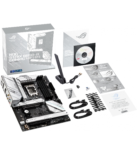 Материнская плата ASUS ROG STRIX B660-A GAMING WIFI D4, LGA 1700, Intel B660, 4xDDR4, 4xSATA, 3xM.2, 1xPCIe 5.0 x16, 1xPCIe 3.0 x4, 1xHDMI, 1xDP, 1x 2.5Gb LAN, 1xUSB-A 3.2 Gen 2, 2xUSB-A 3.2 Gen 1, 4xUSB 2.0, 5x3.5 мм, 7.1, Standard-ATX