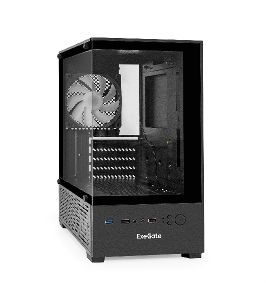 Компьютерный корпус Minitower ExeGate i3 SEA (mATX, без БП, 1*USB+1*USB 3.0, HD аудио, черный, 1 вент. 12см с RGb подсветкой, передняя и боковая панели - закаленное стекло)