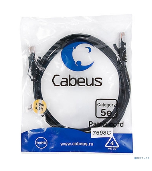 Шнур комм. Cabeus, кат. 5е, неэкр., U/UTP, RJ45/RJ45, LSZH, AWG24, 1.5м, черный