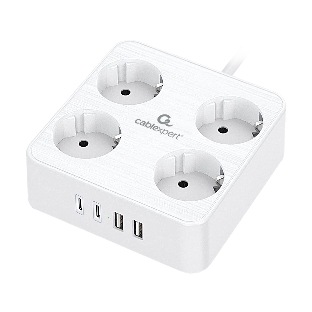 Сетевой фильтр Cablexpert Plate, PLT-4-C2U2-W-2, 4р, 10А, 2xType-C PD, 20Вт, 2xUSB, 2.4A, 2 м, ур. защиты 4+, белый, коробка