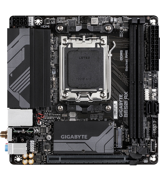 Материнская плата GIGABYTE B650I AX, AM5, AMD B650, 2xDDR5, 2xSATA, 1xM.2, 1xPCIe 4.0 x16, 1xHDMI, 1xDP, 1x2.5Gb LAN, Wi-Fi 6E, Bluetooth 5.3, 1xUSB-C 5Gbps, 1xUSB-A 5Gbps, 3xUSB-A 2.0, 3x3.5 мм, 7.1, ITX