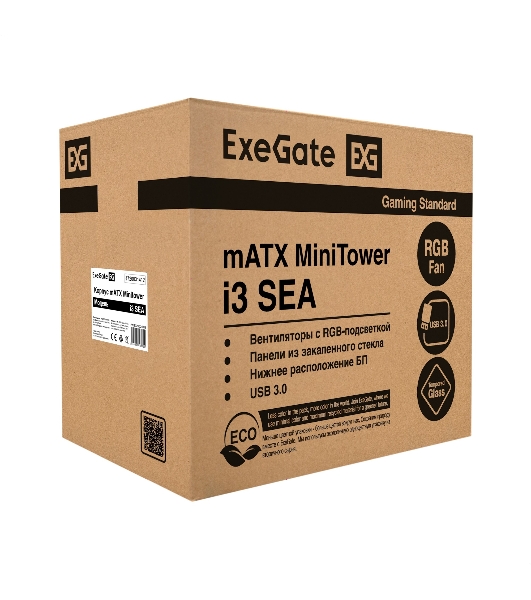 Компьютерный корпус Minitower ExeGate i3 SEA (mATX, без БП, 1*USB+1*USB 3.0, HD аудио, черный, 1 вент. 12см с RGb подсветкой, передняя и боковая панели - закаленное стекло)