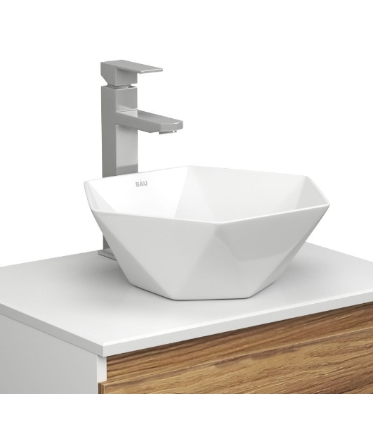 Раковина накладная со смесителем и выпуском (на столешницу BAU Crystal 40х40, белая + смеситель Hotel Still, нер. сталь, выпуск клик-клак белый)