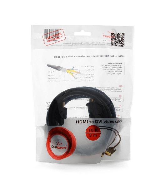 Кабель HDMI-DVI Cablexpert CC-HDMI-DVI-10, 19M/19M, single link, медь, позол.разъемы, экран, 3.0м, черный, пакет