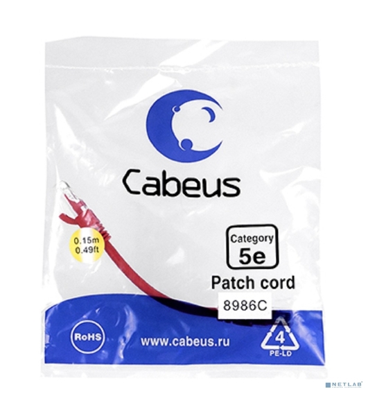 Шнур коммутационный Cabeus, Cat.5e, неэкр., U/UTP, RJ45/RJ45, PVC, AWG24, 0.15м, красный
