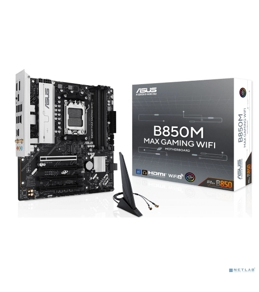 Материнская плата ASUS B850M MAX GAMING WIFI, AM5, AMD B850, 4xDDR5, 4xSATA, 3xM.2, 1xPCIe 5.0 x16, 1xPCIe 4.0 x4, 1xPCIe 3.0 x1, 1xDP, 1xHDMI, 1x1Gb LAN, Wi-Fi 6, Bluetooth 5.4, 1xUSB-C 10Gbps, 2xUSB-A 10Gbps, 2xUSB-A 5Gbps, 5xUSB-A 2.0, 3x3.5 мм, 7.1, mATX