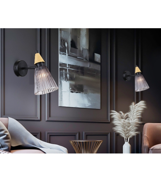 Настенный светильник Ambrella light LH58118 BK/LW/SM черный/светлое дерево/дымчатый E14 max 40W 180*110*200