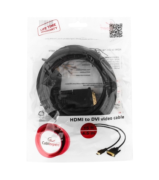 Кабель HDMI-DVI Cablexpert CC-HDMI-DVI-15, 19M/19M, single link, медь, позол.разъемы, экран, 4.5м, черный, пакет