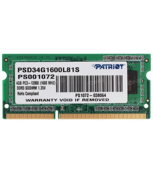 Оперативная память Patriot, DDR3L, 4GB (1x4 GB), 1600 MHz, CL11, SO-DIMM