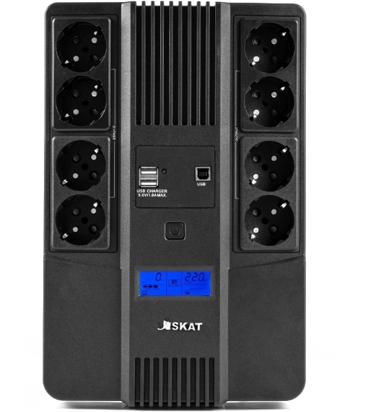 Источник бесперебойного питания Бастион SKAT-UPS 800-AID-IN-1x9-8 ИБП 220В 480Вт, LCD, АКБ 1x 9А·ч, line interactive, мод.синус, 8хSchuko,2xUS (8933)
