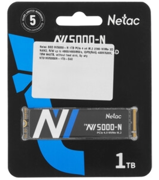 Накопитель SSD Netac NV5000, 1Tb, M.2 2280, PCIe 4.0 x4, NVMe, R/W 5000/4400, с радиатором