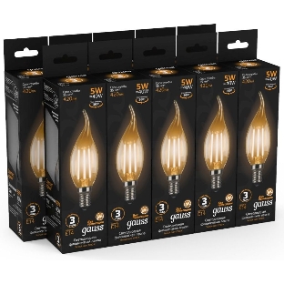 Лампа светодиодная филаментная Gauss Filament 5Вт цок.: E14 свеча 220B 2700K св. свеч. белый теп. (упак.: 10 шт)
