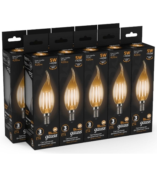 Лампа светодиодная филаментная Gauss Filament 5Вт цок.: E14 свеча 220B 2700K св. свеч. белый теп. (упак.: 10 шт)