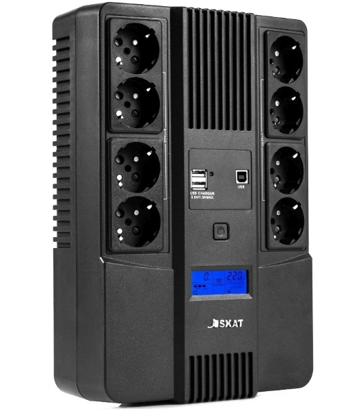 Источник бесперебойного питания Бастион SKAT-UPS 800-AID-IN-1x9-8 ИБП 220В 480Вт, LCD, АКБ 1x 9А·ч, line interactive, мод.синус, 8хSchuko,2xUS (8933)