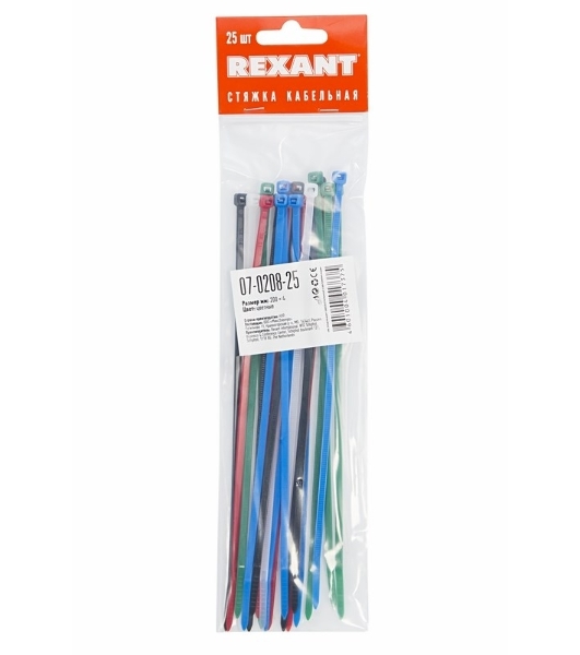 Хомут-стяжкa нeйлонoвая Rexant 200x3,6 мм, цветная, упаковка 25 шт.