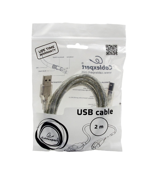 Кабель Cablexpert USB2.0 Pro, AM/BM, 2м, экран, 2 феррит.кольца, прозрачный (CCF-USB2-AMBM-TR-2M)