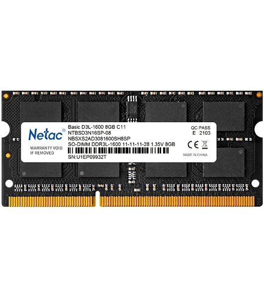 Оперативная память NETAC Basic, DDR3L, 8GB (1x8GB), 1600MHz, CL11, SO-DIMM