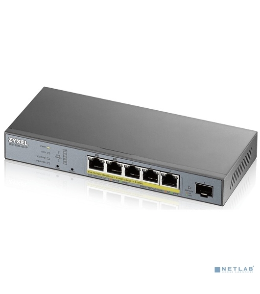 Коммутатор Zyxel GS1350-6HP, 4xGE PoE+, 1xGE PoE++ (802.3bt), 1xSFP, бюджет PoE 60 Вт, дальность передачи питания до 250 м, автоперезагрузка PoE-портов, повышенная защита от перенапряжений и электростатических р