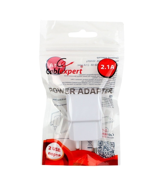 Сетевое зарядное устройство Cablexpert MP3A-PC-11 100/220V - 5V USB 2 порта, 2.1A, белый