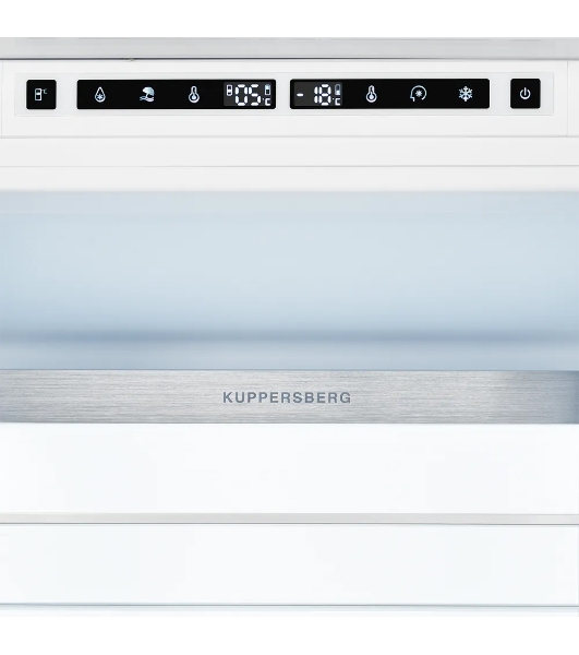 Встраиваемый холодильник Kuppersberg RBN 1760, High-Tech, объем 237 л, скользящий фасад, электронное управление, No Frost, антибактериальный пластик, звуковой сигнал при открытой дверце, перенавешиваемые двери, LED освещение, уровень шума 41 дБ, энергоэффективность А+, белый