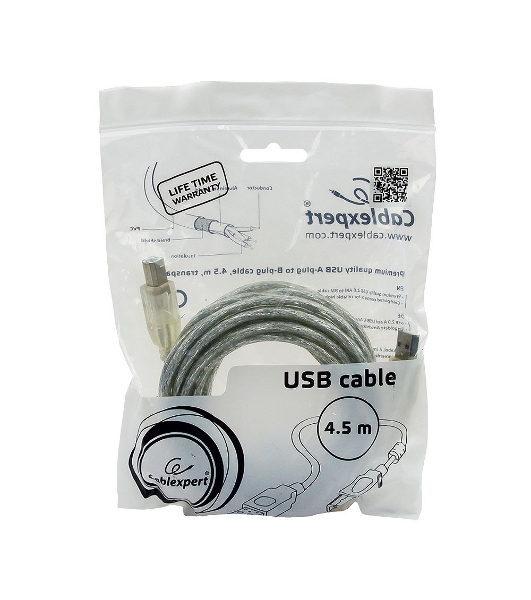 Кабель USB2.0 Cablexpert CCF-USB2-AMBM-TR-15, AM/BM, медь, двойн.экран, фер.кольцо, Pro, 4.5м, прозрач, пакет