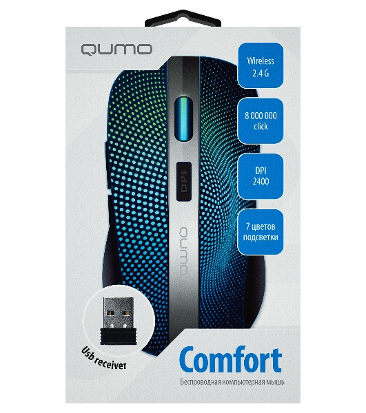 Мышь беспроводная Qumo Comfort M18 черный, 2400 dpi, радиоканал, USB, кнопки - 6