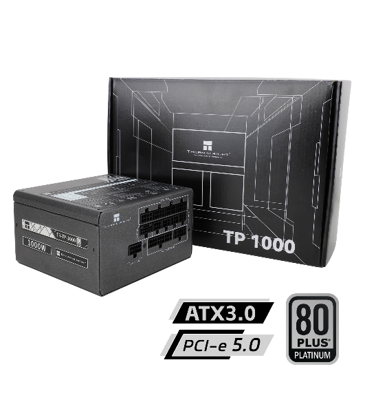 Блок питания Thermalright, 1000W 80+ Platinum (ATX, 3.0, PCIe 5.0, Full modular, 1x24(20+4)pin, 1xCPU 8(4+4)pin, 2xPCIe*2 8(6+2)pin, 1x12VHPWR PCIe 5.0 12+4pin 600мм, 6xSATA3, 4xMOLEX4pin, Active, 120x120мм, 150x140x86мм, APFC, OPP, OVP, OTP, OCP, SCP, UVP, черный)