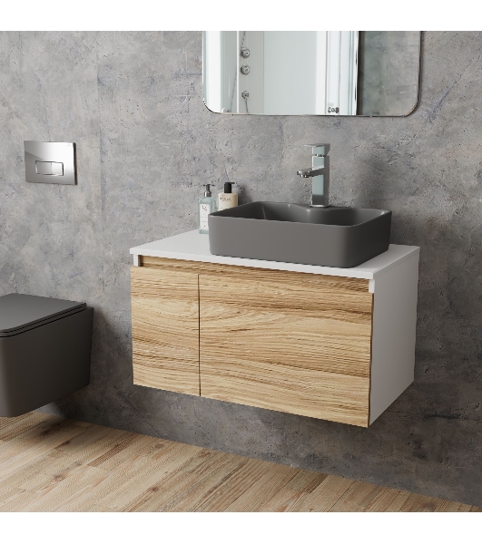 Комплект: тумба Bau Dream Blackwood 80, раковина BAU Cerama 48х37, темно-серая, смеситель Hotel Stil, нерж сталь