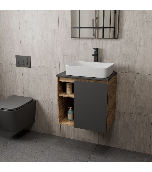 Тумба Bau Dream Blackwood 60 правая, графит, раковина BAU Hotel 48х37, смеситель для раковины высокий Hotel Black, черный