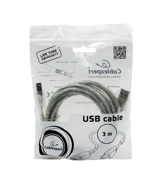 Кабель USB2.0 Pro Cablexpert CCF-USB2-AMBM-TR-10, AM/BM, 3м, экран, феррит.кольца, прозрачный, пакет