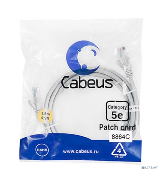 Шнур комм. Cabeus, Cat.5e, неэкр., U/UTP, RJ45/RJ45, LSZH, AWG24, 1.5м, серый