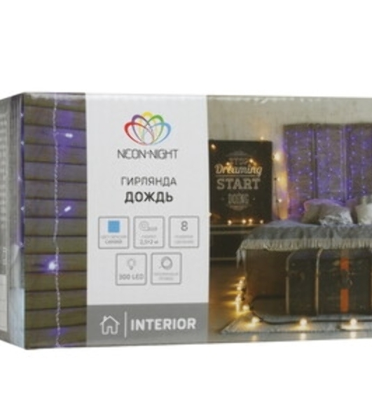 Гирлянда Neon-night Дождь 'ПЛЕЙ-ЛАЙТ' 2х1.5м 360 LED 22Вт 230В IP44 бел.; фиксинг бел. провод