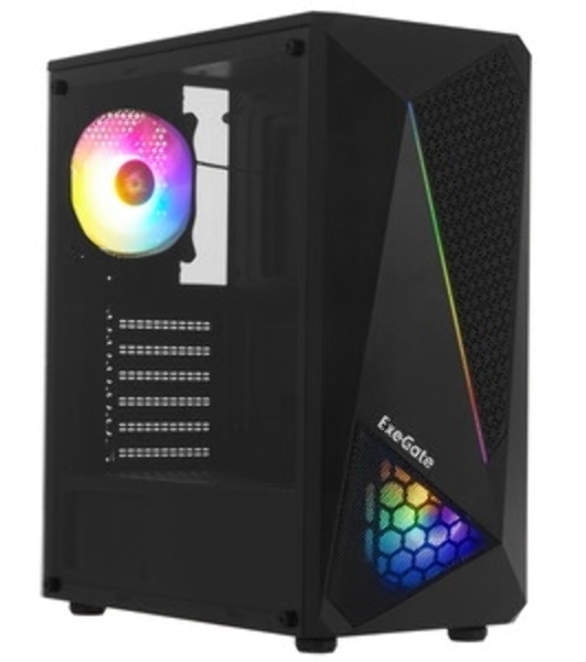 Компьютерный корпус Miditower ExeGate EVO-8225-NPX500 (ATX, БП 500NPX с вент. 12см, 2хUSB+1хUSB 3.0, черный, 2 вент. с RGb подсветкой и полоса на передней панели, боковая панель - закаленное стекло)