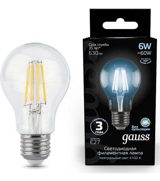 Лампа светодиодная Gauss 102802206LED Filament А60 Е27 6Вт 4100к 1/10/40