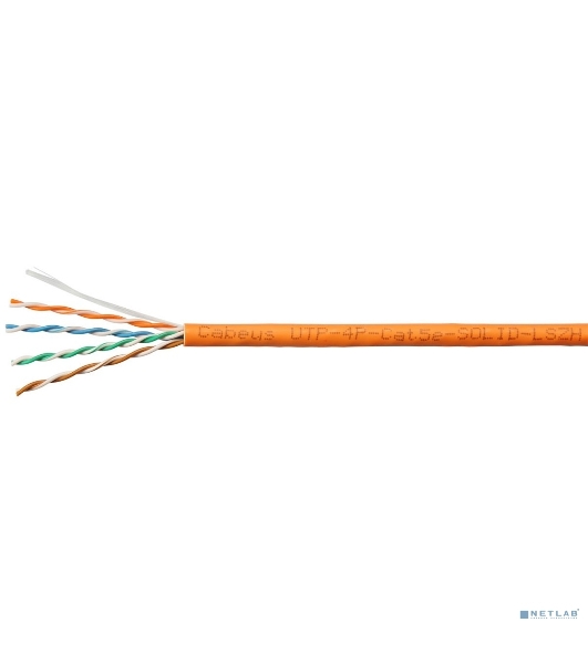 Кабель витая пара UTP (U/UTP) Cabeus UTP-4P-Cat.5e-SOLID-LSZH-100 категория 5e, 4 пары (24 AWG), одножильный, оранжевый, LSZH, нг(А)-HF, (100 м)