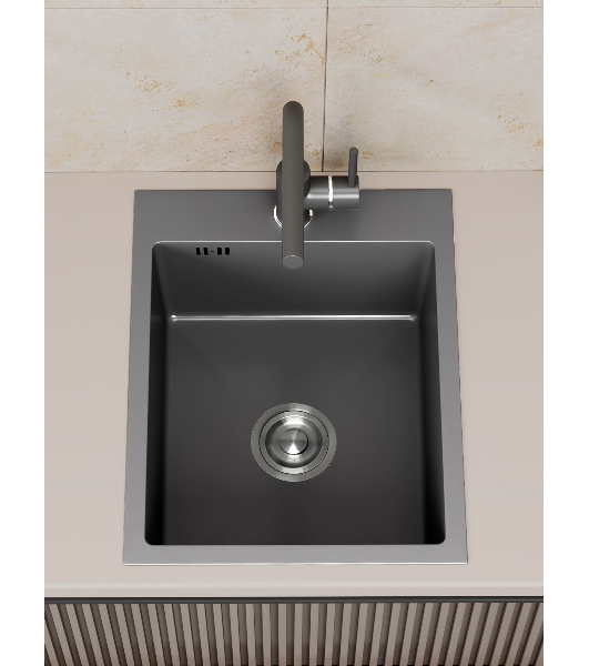 Мойка кухонная из нержавеющей стали BAUEDGE SOUL КТ4050В NANO BLACK, сифон EASY CLEAN в комплекте.