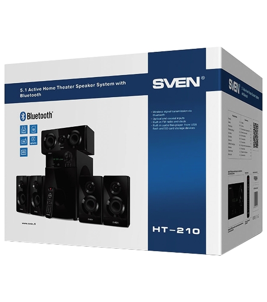 Аудиоколонки SVEN HT-210, черный, акустическая система 5.1, мощность (RMS):50Вт+5x15Вт, Bluetooth, Optical, Coaxial, FM-тюнер, USB/SD, дисплей, ПДУ