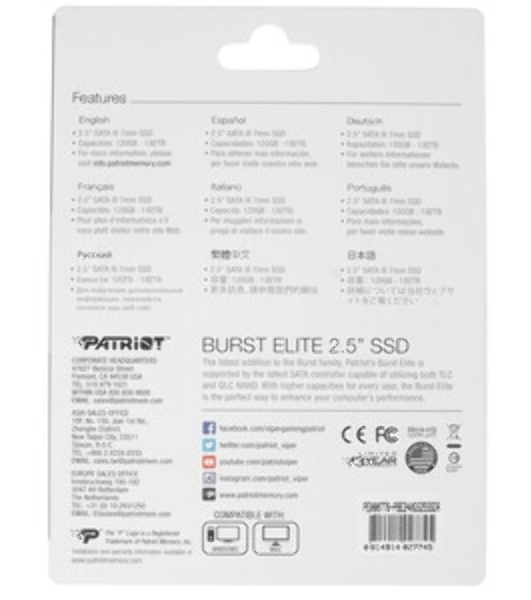 Накопитель SSD Patriot Burst Elite, 240Gb, SATA, 2.5', R/W 450/320