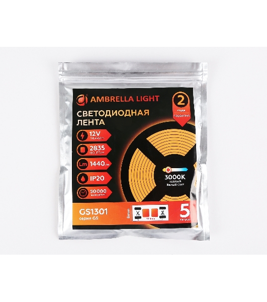 Светодиодная лента Ambrella light GS1301 2835 180Led/ 14.4W m/ 12V IP20 3000K/ 5000*8*1.2mm (2 конт.)