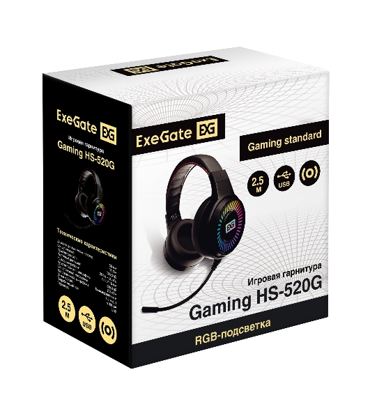 Гарнитура ExeGate Gaming HS-520G чёрный, проводная, 2 x mini jack 3.5 мм + USB, подсветка, регулятор громкости