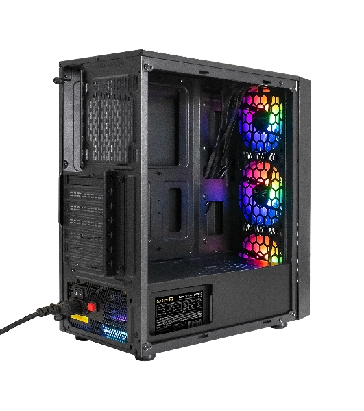 Компьютерный корпус Miditower ExeGate EVO-8243-EVO800 (ATX, БП EVO800RGb с вент. 12 см, 2хUSB+1хUSB 3.0, черный, 3 вент. с RGb подсветкой, боковая панель - закаленное стекло)