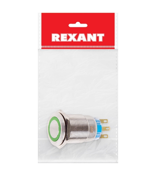 Кнопка антивандальная Rexant Ø19 250В Фикс (5с) ON-OFF/OFF-ON подсв/зеленая