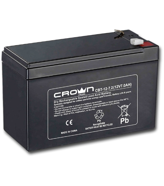 Батарея для ИБП CROWN CBT-12-7.2 (напряжение 12В, емкость 7.2 А/Ч, разм 151х65х100 мм, вес 2,1 кг, тип клеммы - F2, 5 лет)