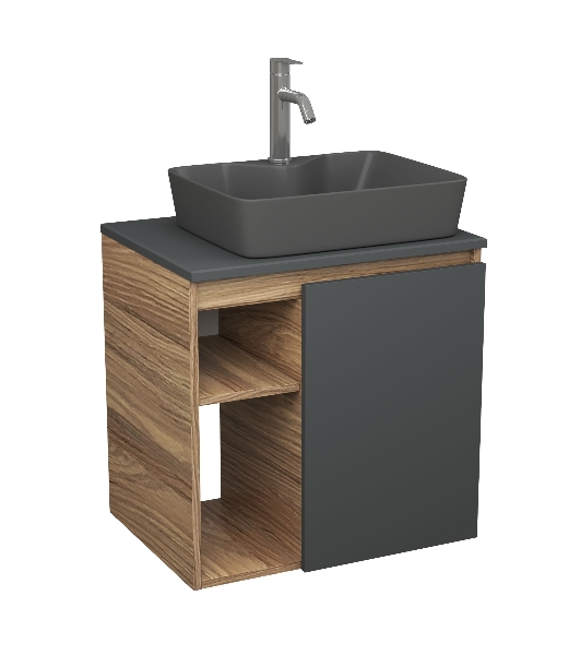 Тумба Bau Dream Blackwood 60 правая, графит, раковина BAU Cerama 48х37 темно-серая матовая, смеситель Hotel Dream, нерж. сталь