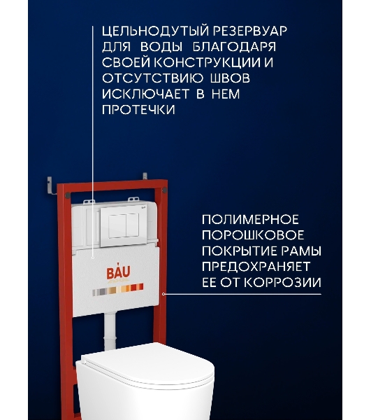 Инсталляция с унитазом комплект BAU PRO 6 в 1: унитаз подвесной безободковый торнадо Bau Hotel 53х36, быстросъемное сиденье микролифт, кнопка смыва BAU Stil, белый глянец