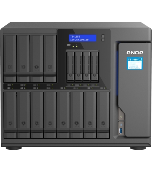 Сетевое хранилище SMB QNAP TS-1655-8G NAS 16-Bay (12x 3.5'/2.5' HDD/SSD bays + 4x 2.5' SSD bays + 2x M.2 2280 SATA slots), Intel Atom C5125 8-core processor, 2.8GHz, 8 Gb DDR4 (1 x 8 GB) up to 128 Gb (4 x 32 GB), 2x 2.5 GbE BASE-T