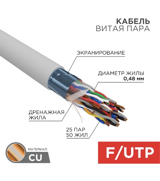 Кабель витая пара Rexant F/UTP, cat.5e, PVC, 25PR, 24AWG, INDOOR, SOLID, серый, 305м