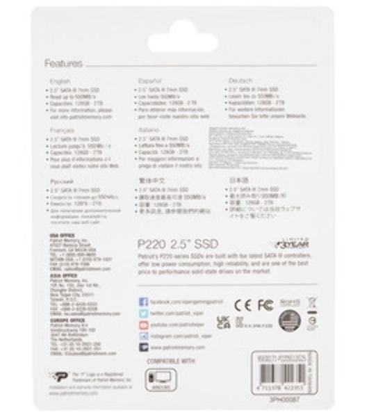 Накопитель SSD Patriot P220, 512Gb, SATA III, 2.5', R/W 550/500